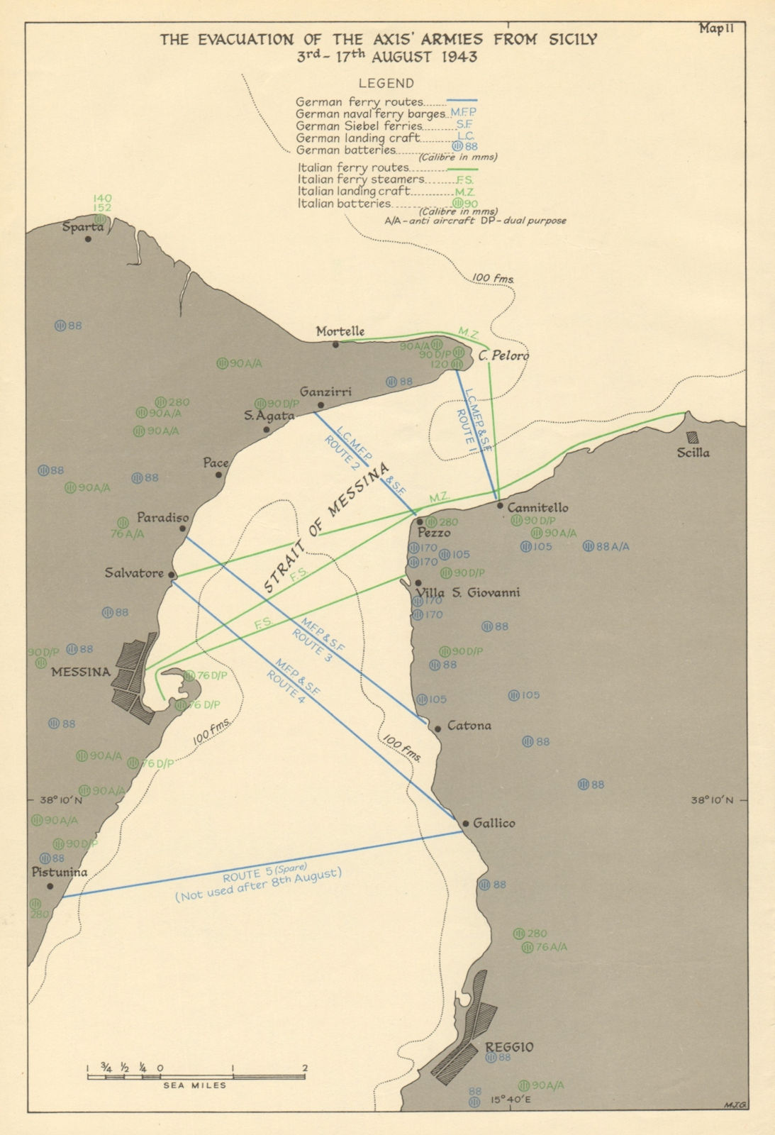 Axis Armies evacuation from Sicily 3-17 August 1943. Strait of Messina 1954 map