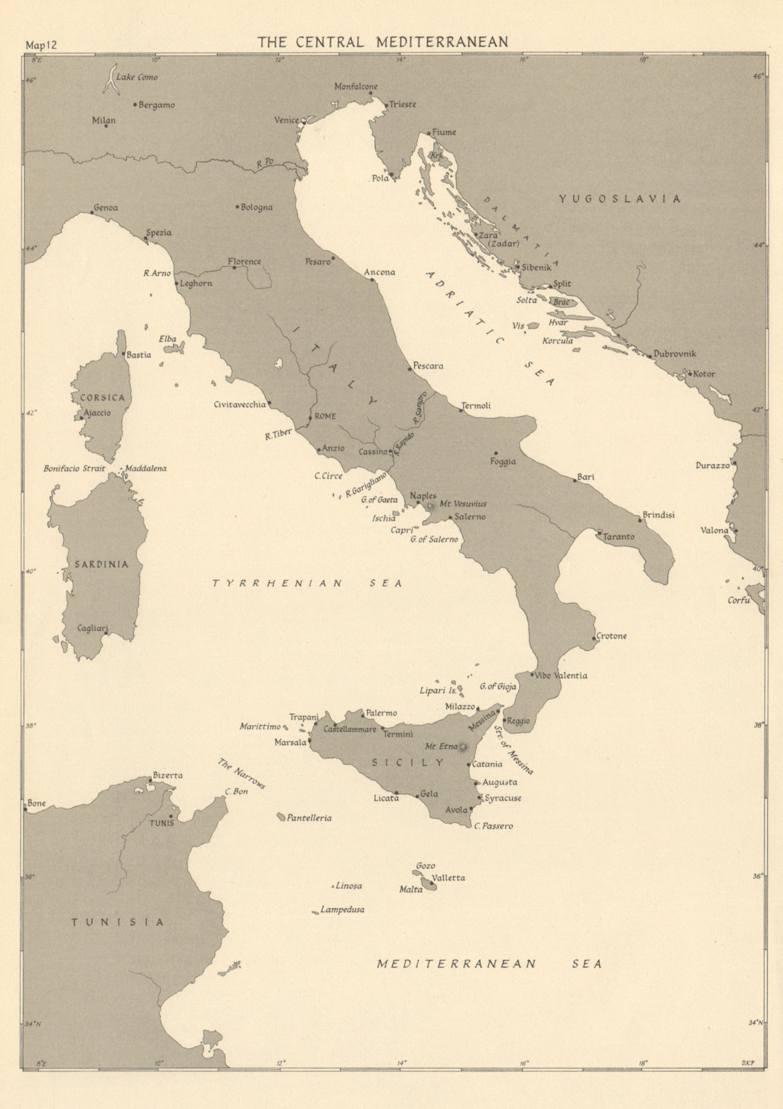 Central Mediterranean ports in 1943. Italy Adriatic. World War 2 1954 old map