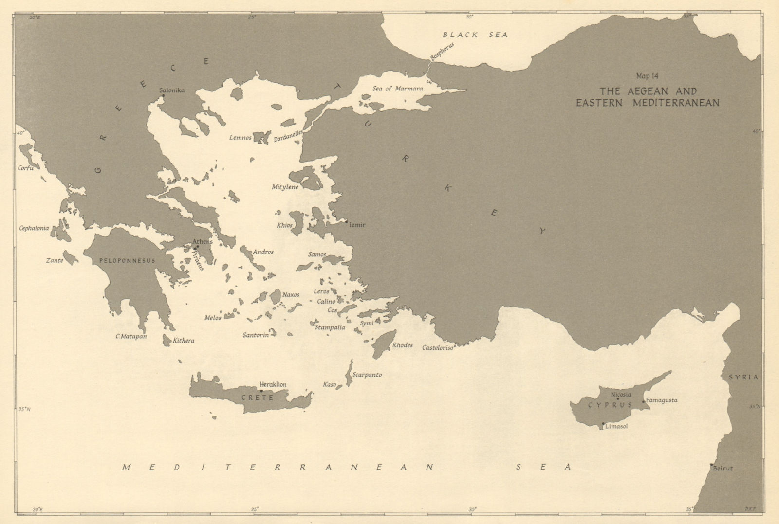 Aegean & Eastern Mediterranean 1943. World War 2. Turkey Greece Cyprus 1954 map