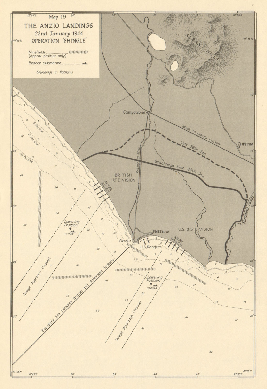 Anzio Landings. Operation Shingle, 22nd January 1944. World War 2 1954 old map