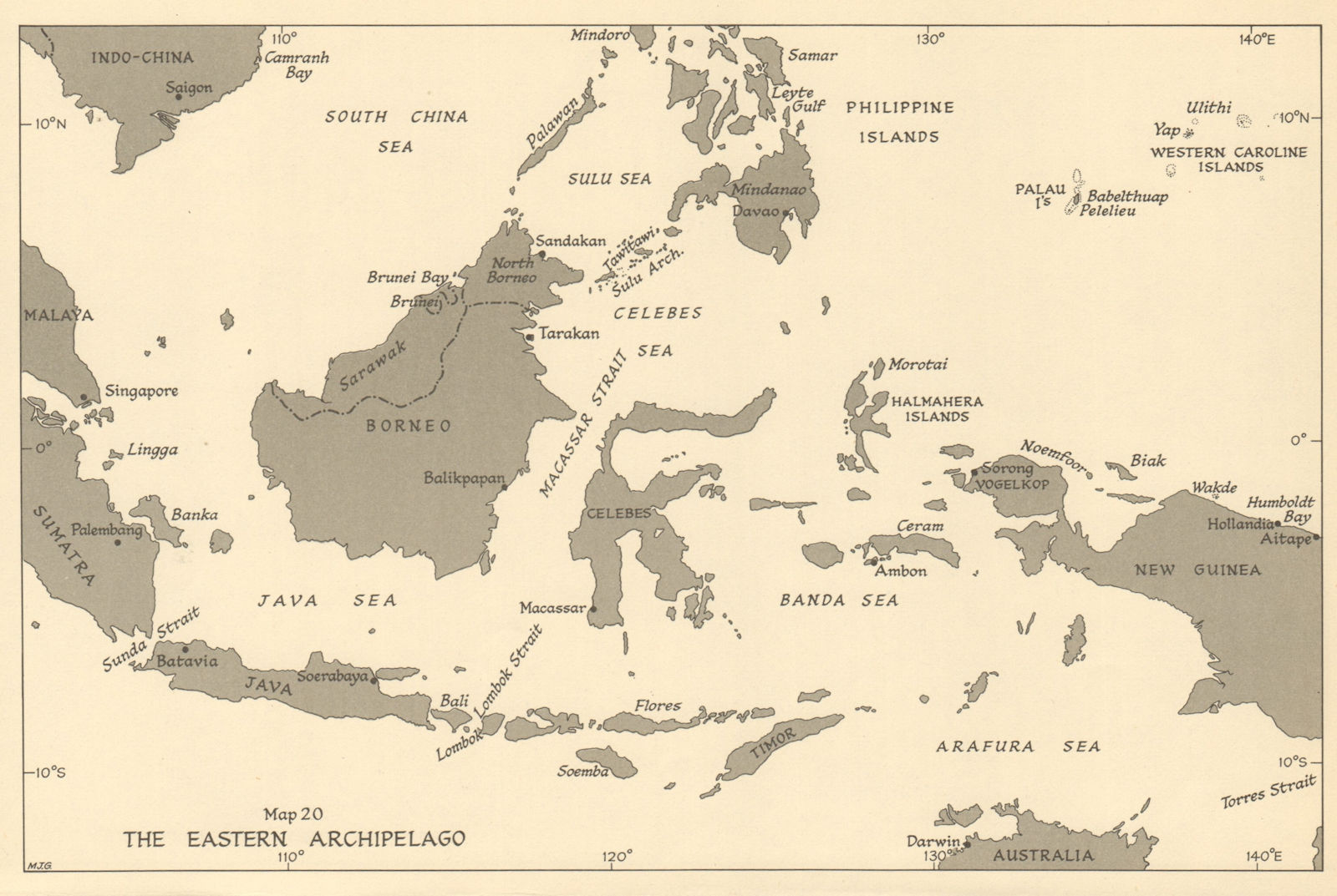 Eastern Archipelago ports 1944. East Indies Indonesia. World War 2 1954 map