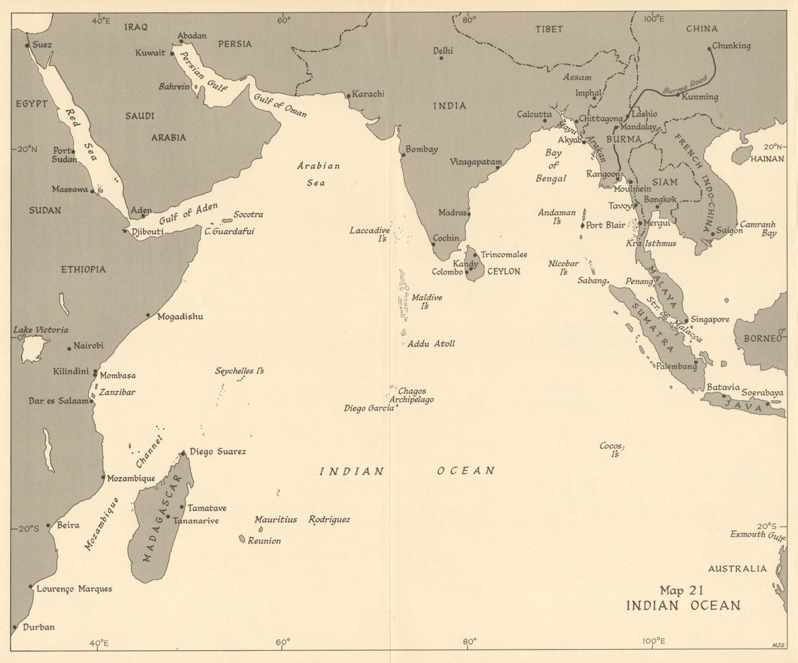Indian Ocean ports 1944. World War 2 1954 old vintage map plan chart