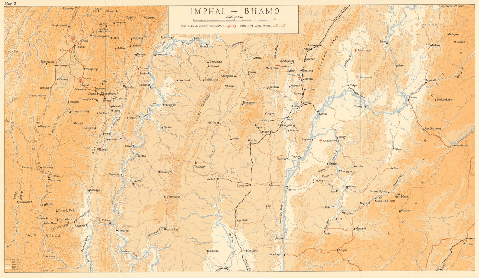 Associate Product Imphal-Bhamo 1943/44. Burma Manipur India. Airfields. World War 2 1961 old map