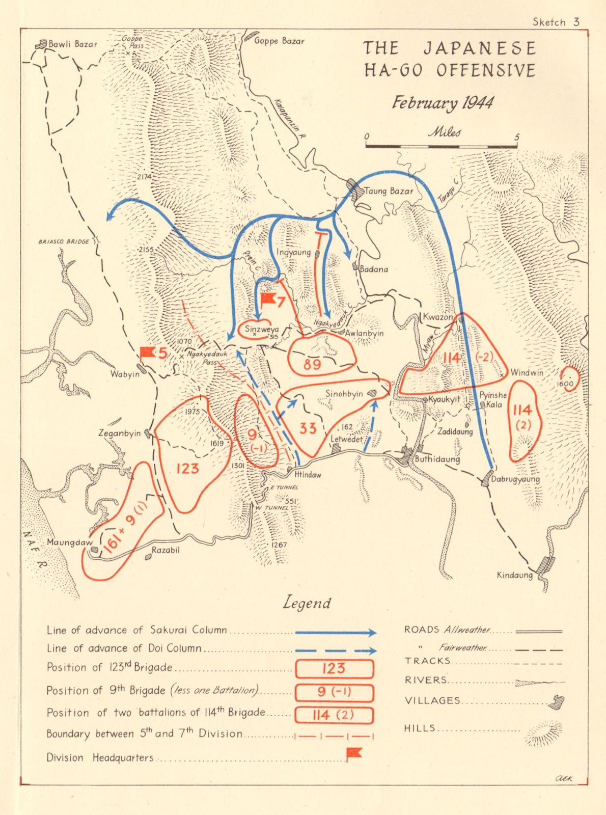 Japanese Ha-Go Offensive Feb 1944. WW2 Battle of Admin Box/Ngakyedauk 1961 map