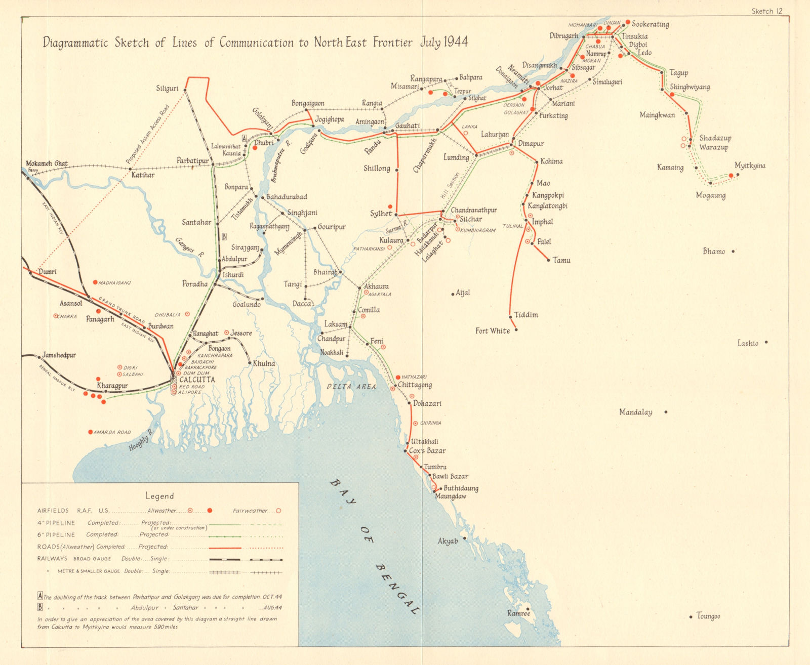 Burma Campaign World War 2. July 1944. North East Frontier supply lines 1961 map