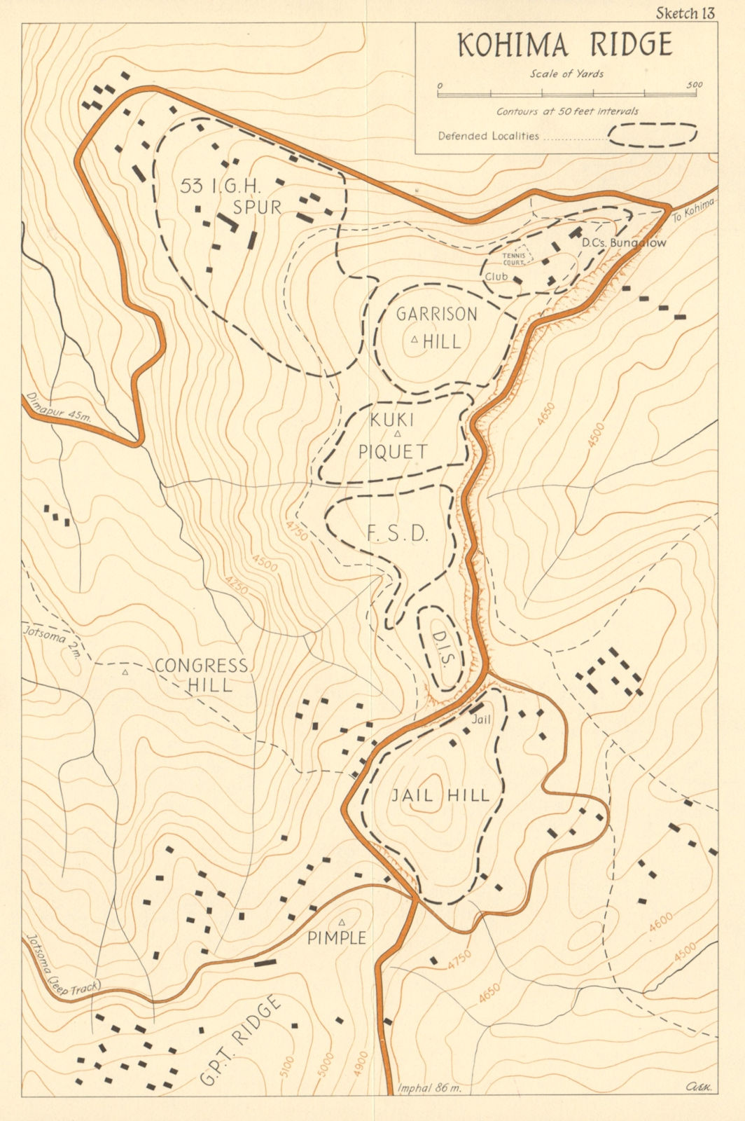 Battles of Kohima, Nagaland, India. April-June 1944. World War 2. Ridge 1961 map