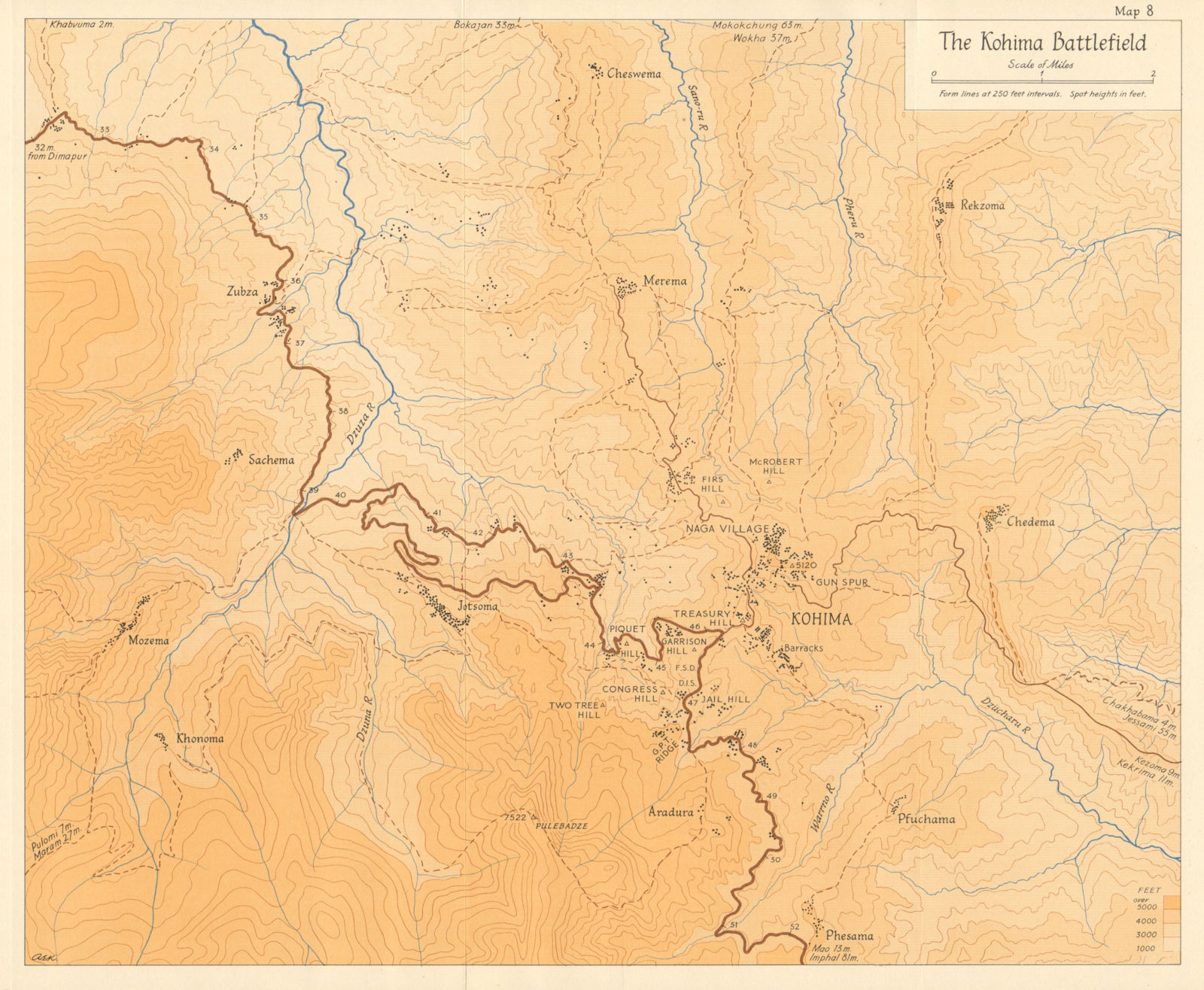 Kohima Battlefield 1944. Burma Campaign. World War 2. Nagaland, India 1961 map