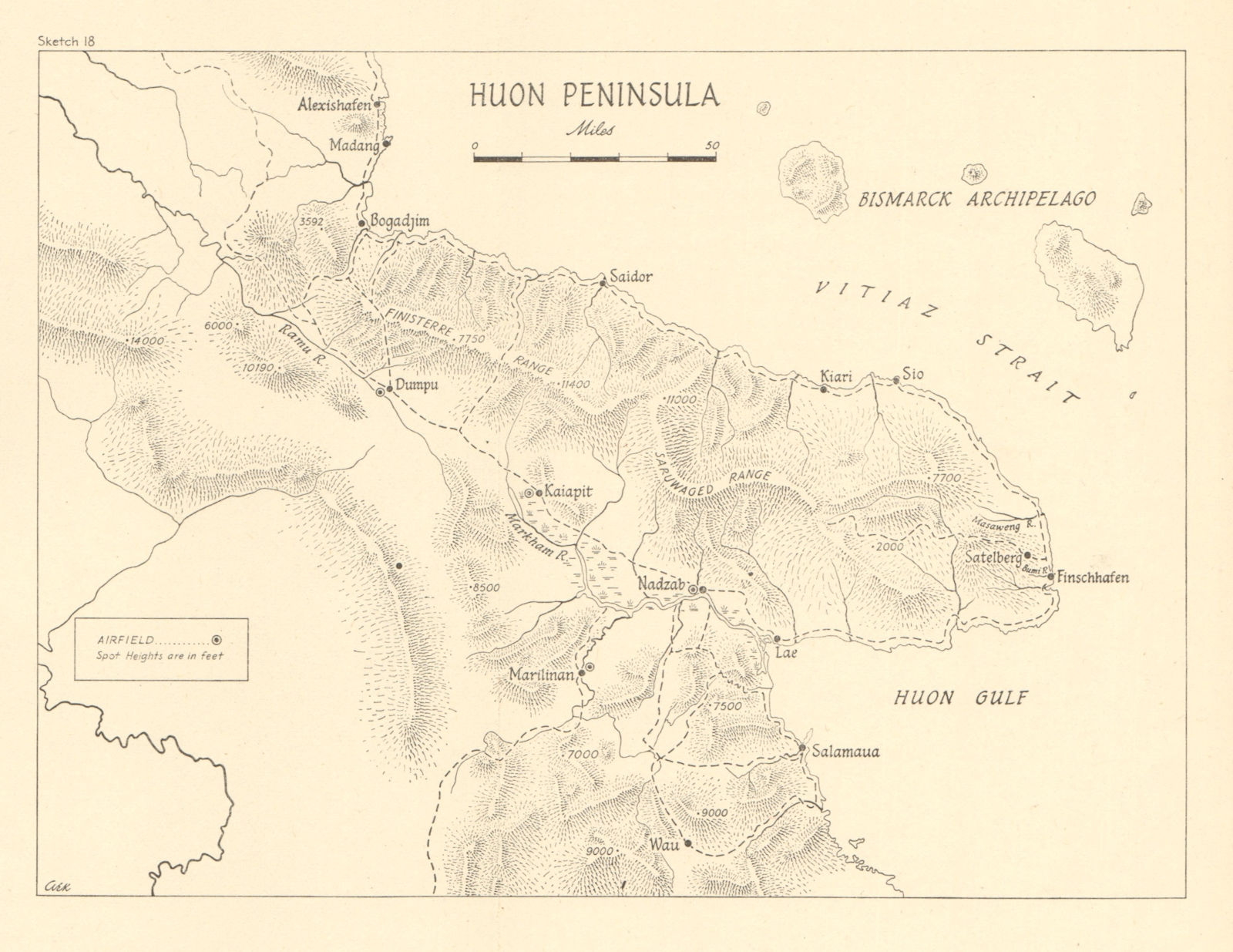 Huon Peninsula campaign 1943/44. Papua New Guinea World War 2 Airfields 1961 map