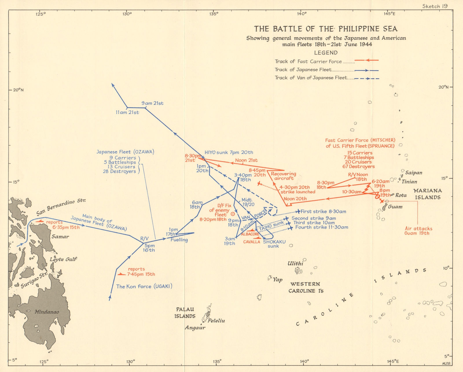 Associate Product Battle of the Philippine Sea 18-21 June 1944. World War 2 Pacific 1961 old map