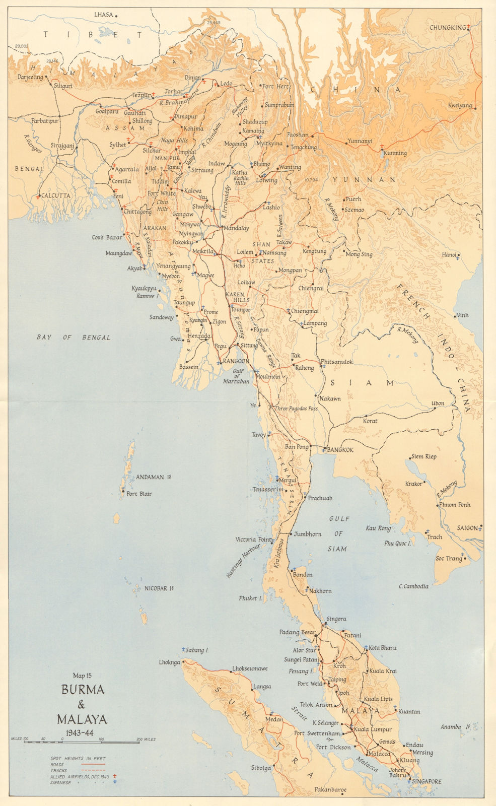 Burma & Malaya 1943-44. Japanese & Allied airfields. Indochina Siam WW2 1961 map