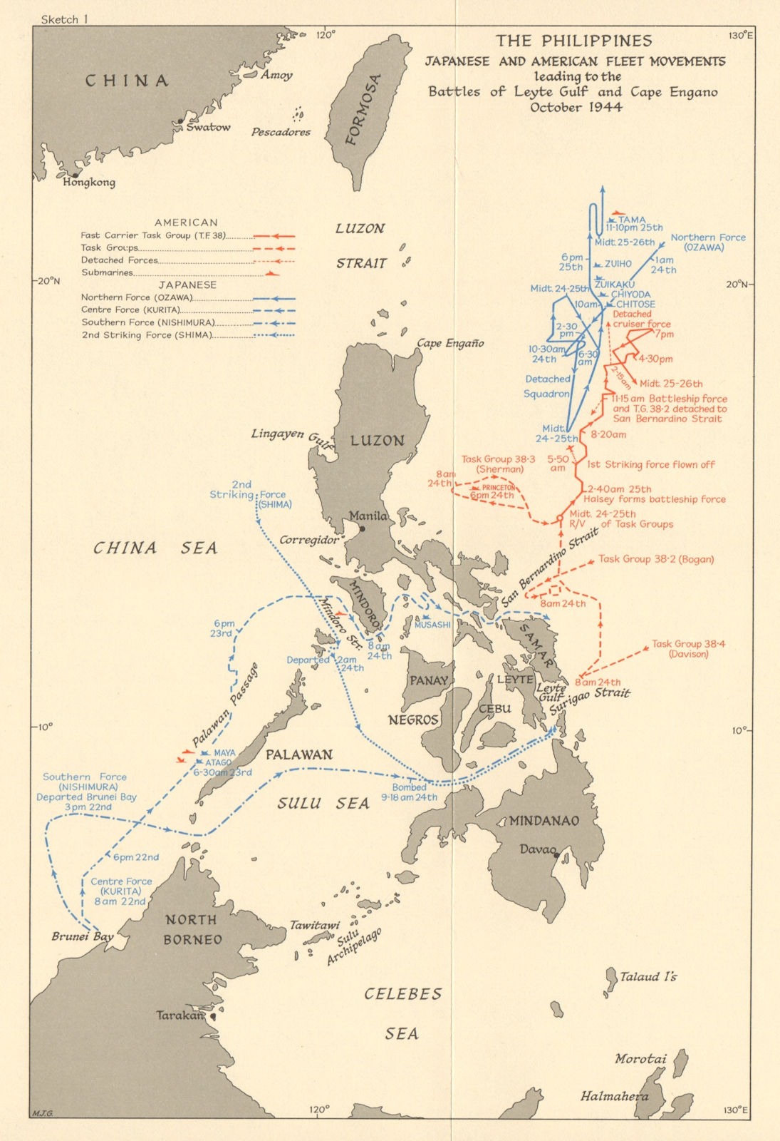 Philippines. Fleet movements. 1944 Battles of Leyte Gulf & Cape Engano 1965 map