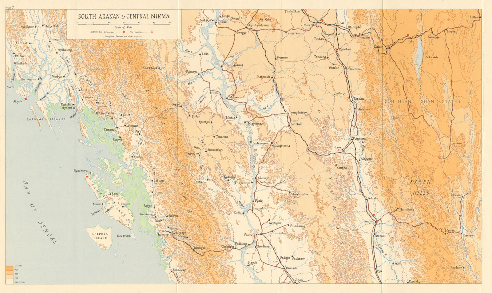 South Arakan & Central Burma 1945 Burma Campaign World War 2. Airfields 1965 map