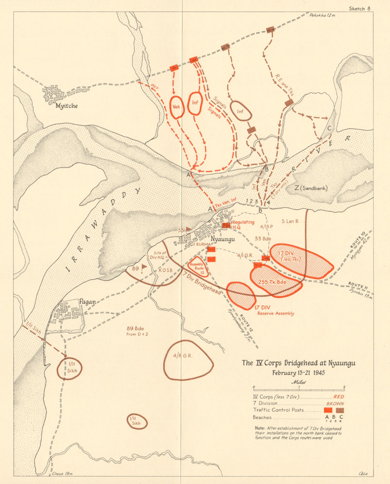 IV Corps Bridgehead, Nyaungu 13-21 Feb 1945. Burma Campaign World War 2 1965 map