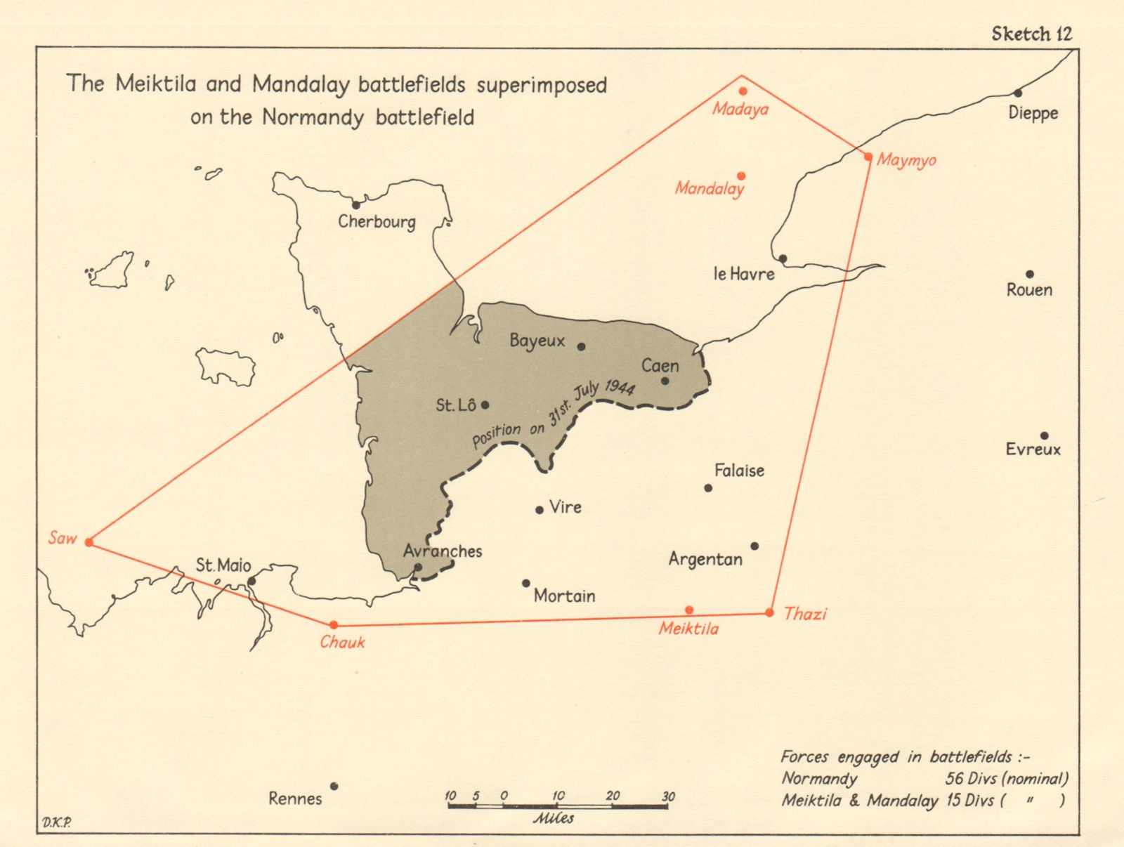 Associate Product Meiktila & Mandalay Battlefields superimposed on Normandy Battlefield 1965 map