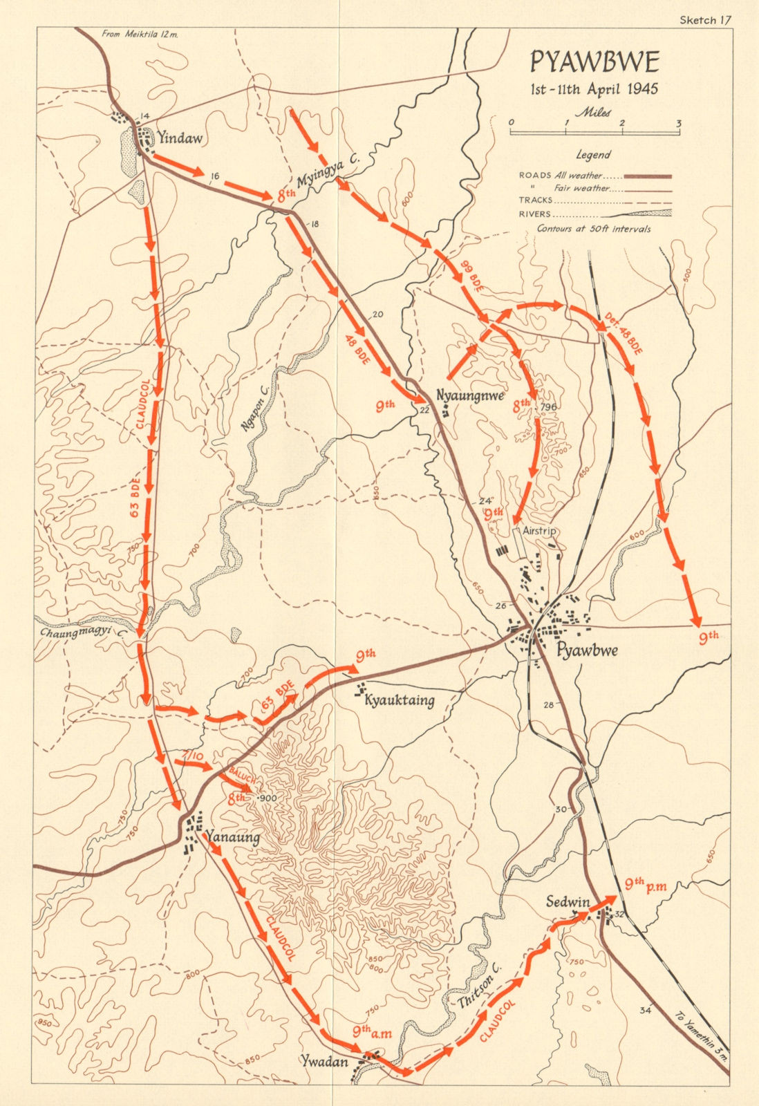 Associate Product Attack on Pyawbwe 1-11 April 1945. Burma Campaign. World War 2 1965 old map
