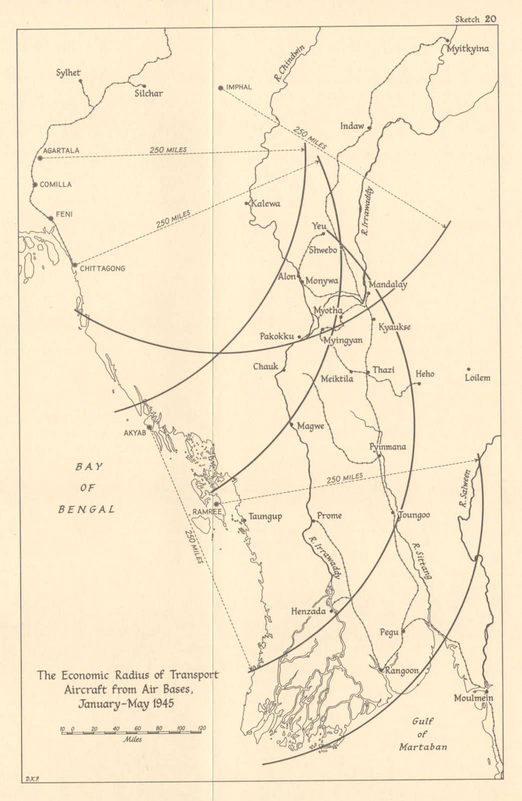 Associate Product Burma Campaign 1945. Range of Transport Aircraft from Air Bases. WW2 1965 map