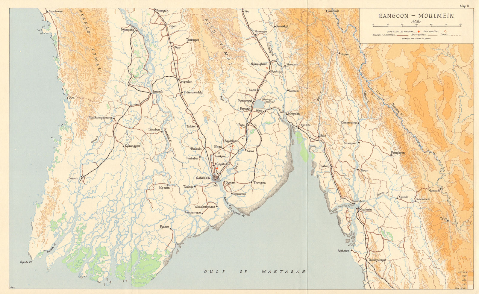 Associate Product Burma Campaign 1945. World War 2. Rangoon-Moulmein. World War 2 1965 old map