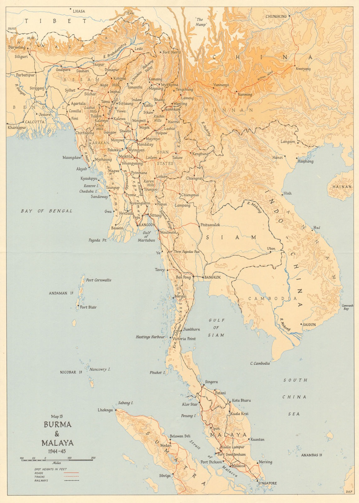 Burma & Malaya 1944-45. Roads railways. Burma Road. Indochina Siam WW2 1965 map