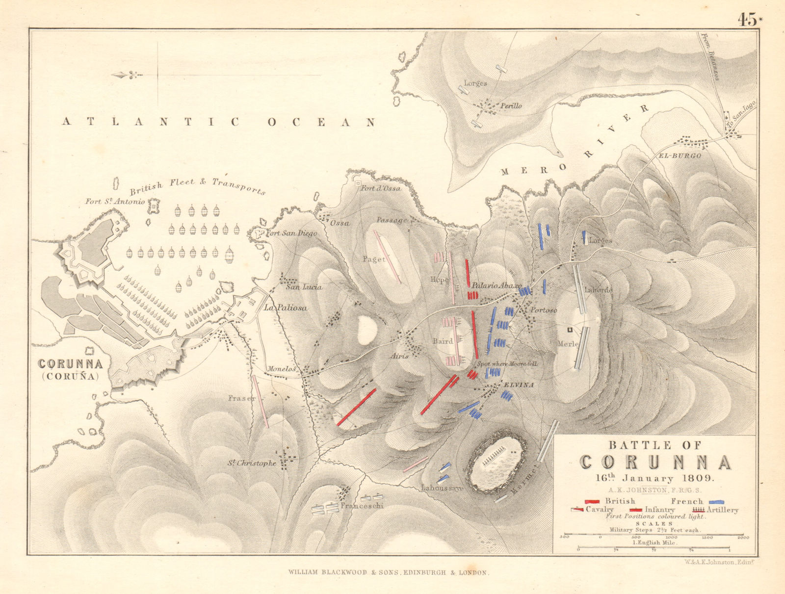 Battle of Corunna 16th January 1809.  A Coruña. Spain. Peninsula Wars 1850 map