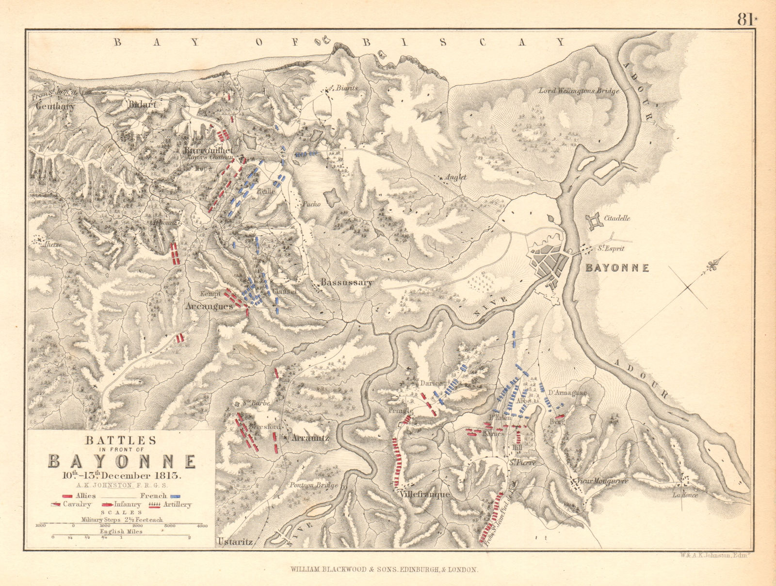 Battle of the Nive 10-13 December 1813 Bayonne Biarritz. Peninsular War 1850 map