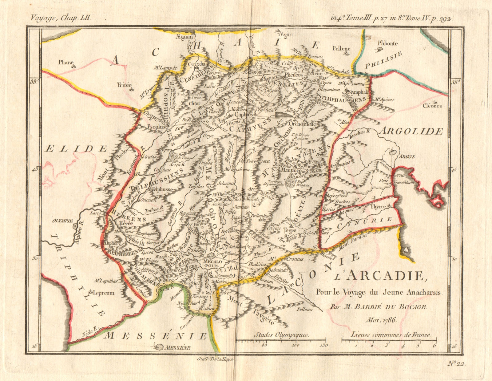 ANCIENT GREECE Arcadie (Arcadia). Antique map. Coloured. BARBIÉ DU BOCAGE 1790