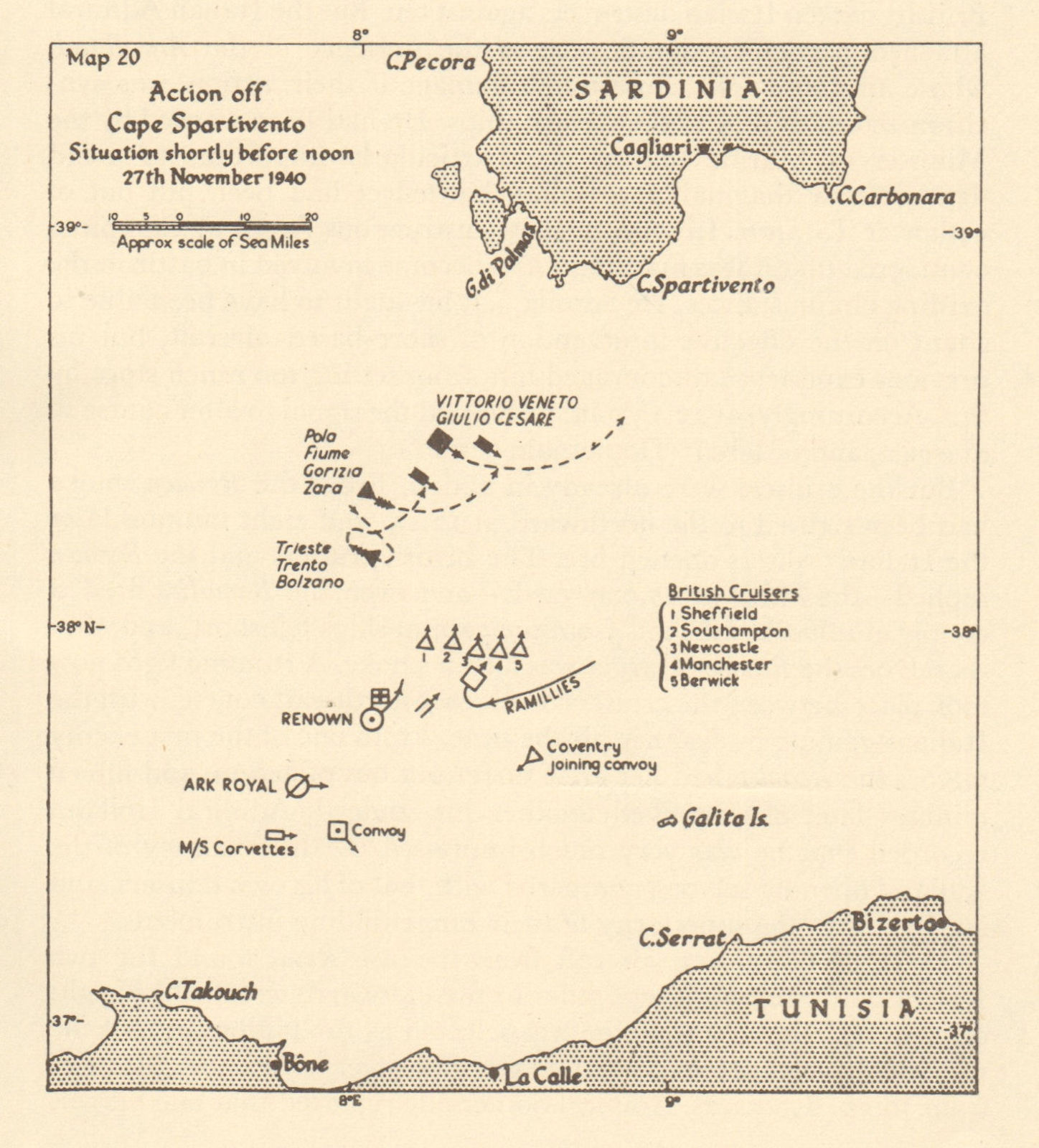 Battle of Cape Spartivento (Teulada) 27 November 1940. Sardinia. Sketch map 1954