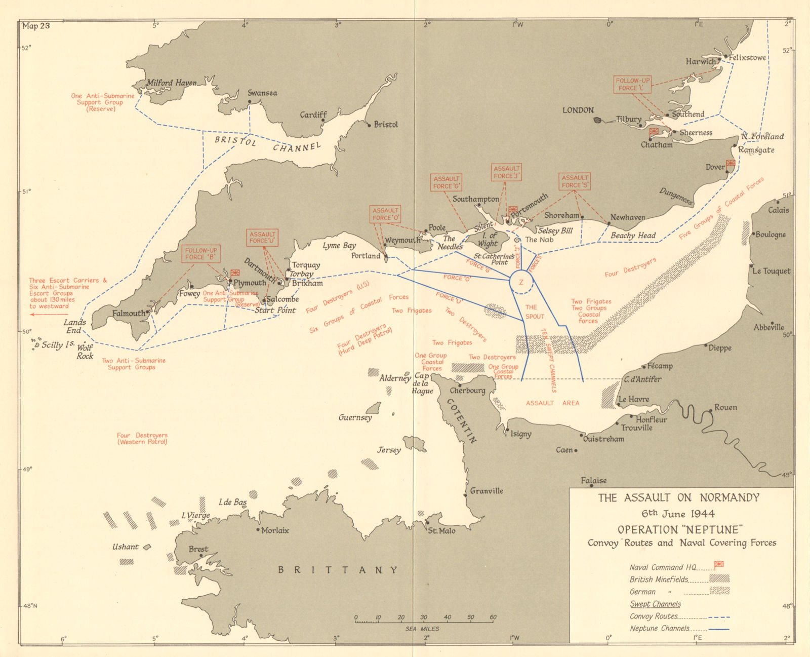 D-Day Operation Neptune 6 June 1944 Convoy routes Naval covering forces 1961 map