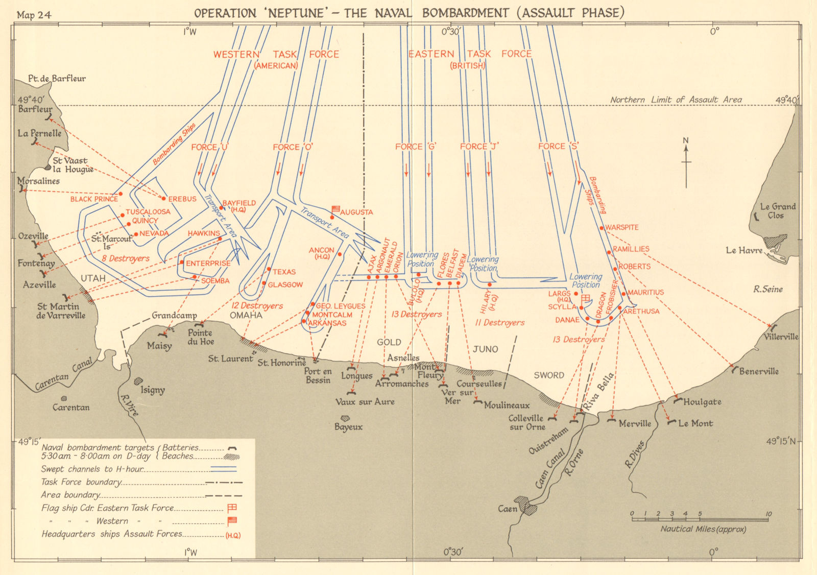 D-Day Operation Neptune 6 June 1944 Naval bombardment Normandy landings 1961 map