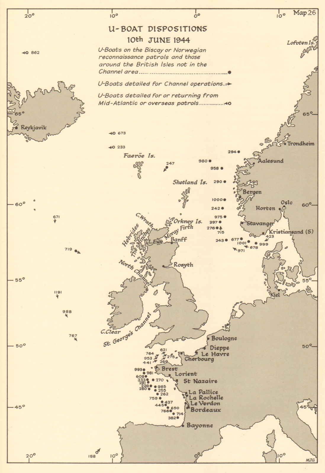 U-Boat dispositions 10 June 1944. Atlantic Ocean English Channel Biscay 1961 map