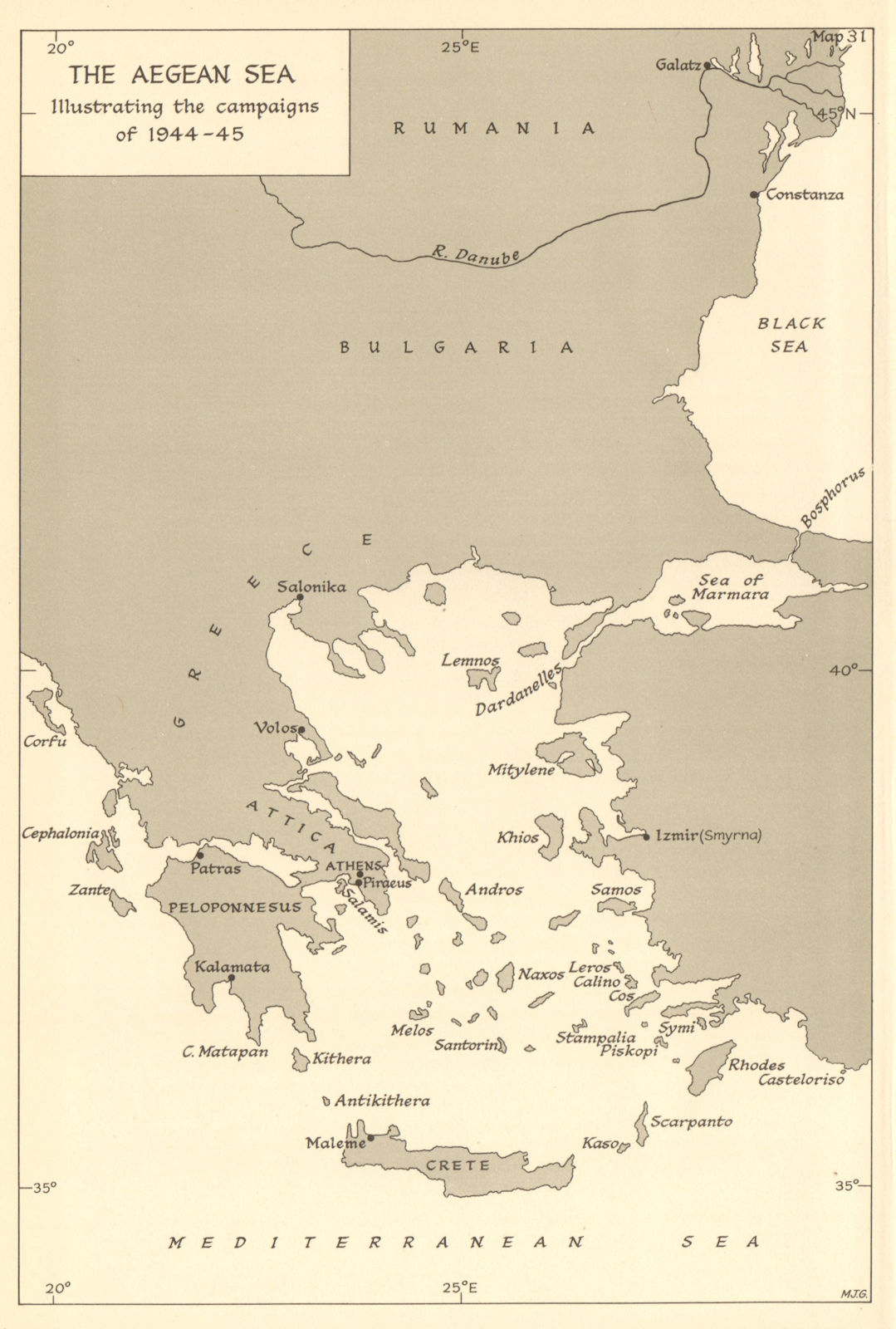 Aegean Sea illustrating the naval campaigns of 1944-45. World War 2 1961 map