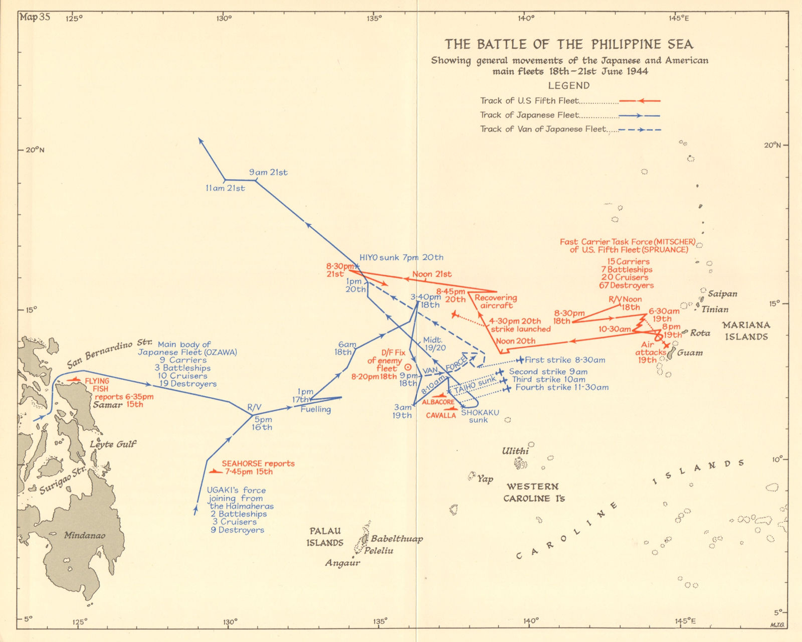 Battle of the Philippine Sea 18-21 June 1944. World War 2 Pacific. 1961 map