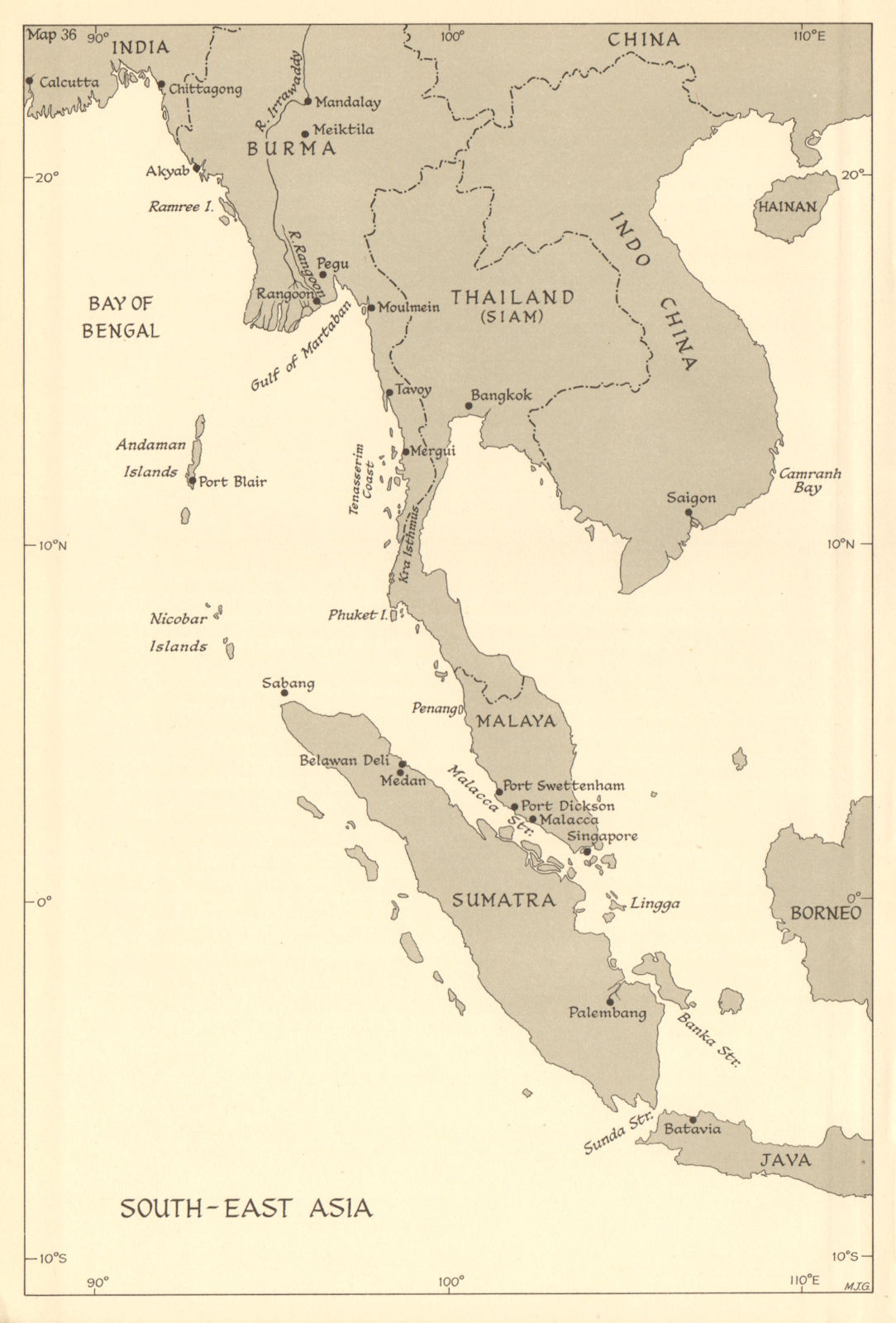 South-East Asia. Indochina in 1944. Ports. World War 2 naval campaigns 1961 map