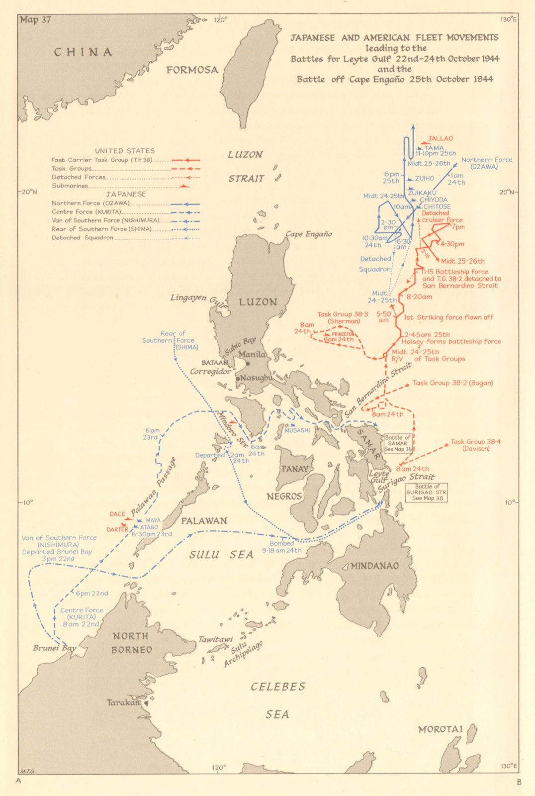 Philippines. Fleet movements. 1944 Battles of Leyte Gulf & Cape Engano 1961 map