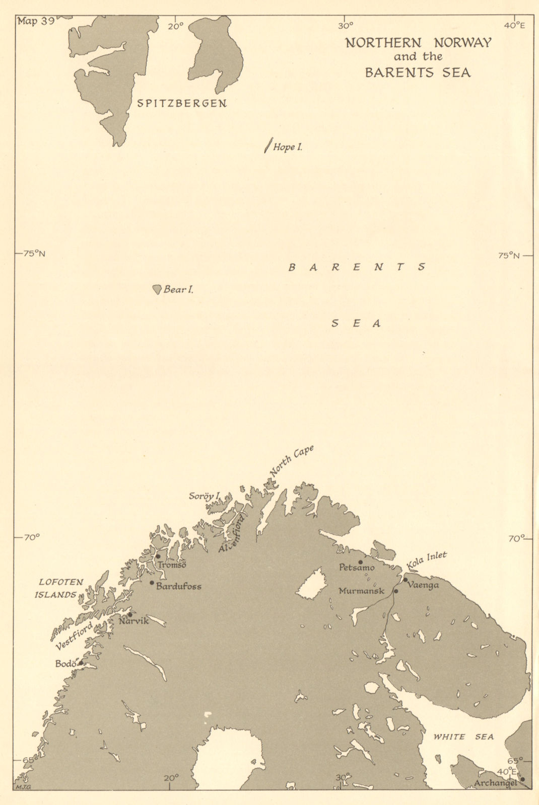 Northern Norway & Barents Sea 1944. Arctic convoys. WW2. Spitzbergen 1961 map