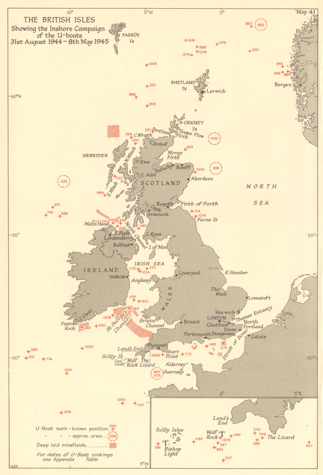 British Isles inshore U-boat campaign Sept 1944-May 1945. Sinkings. WW2 1961 map