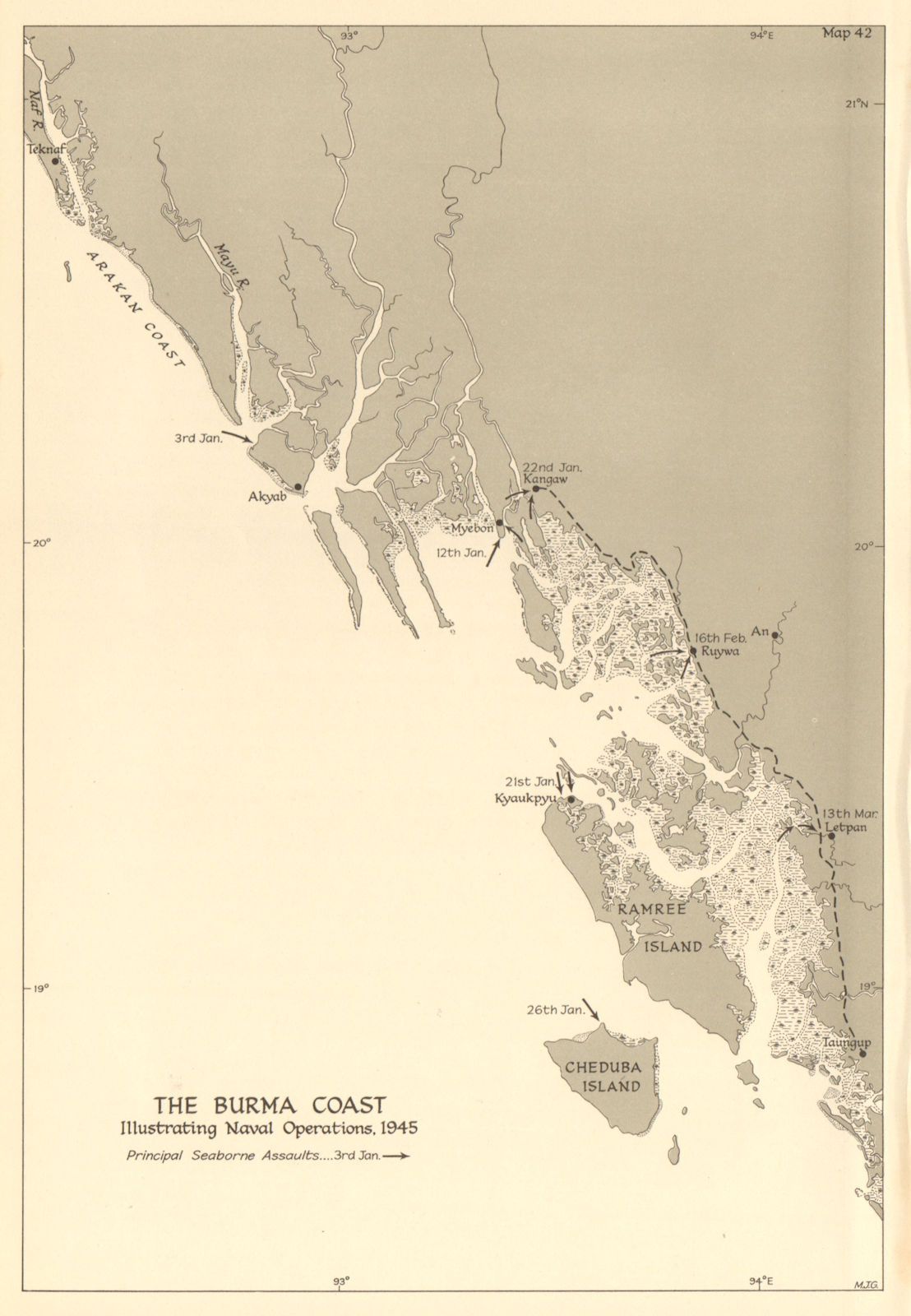 Associate Product Burma Coast naval operations & seaborne landings Jan-March 1945. WW2 1961 map