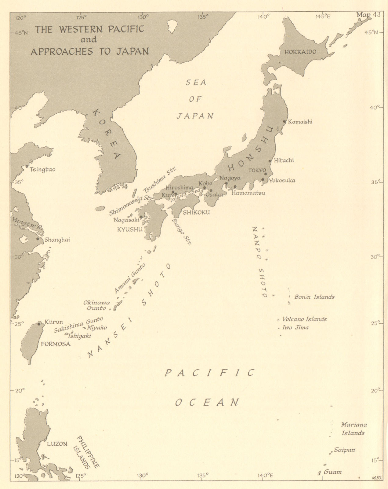 Western Pacific & approaches to Japan in 1945. World War 2 naval ops 1961 map