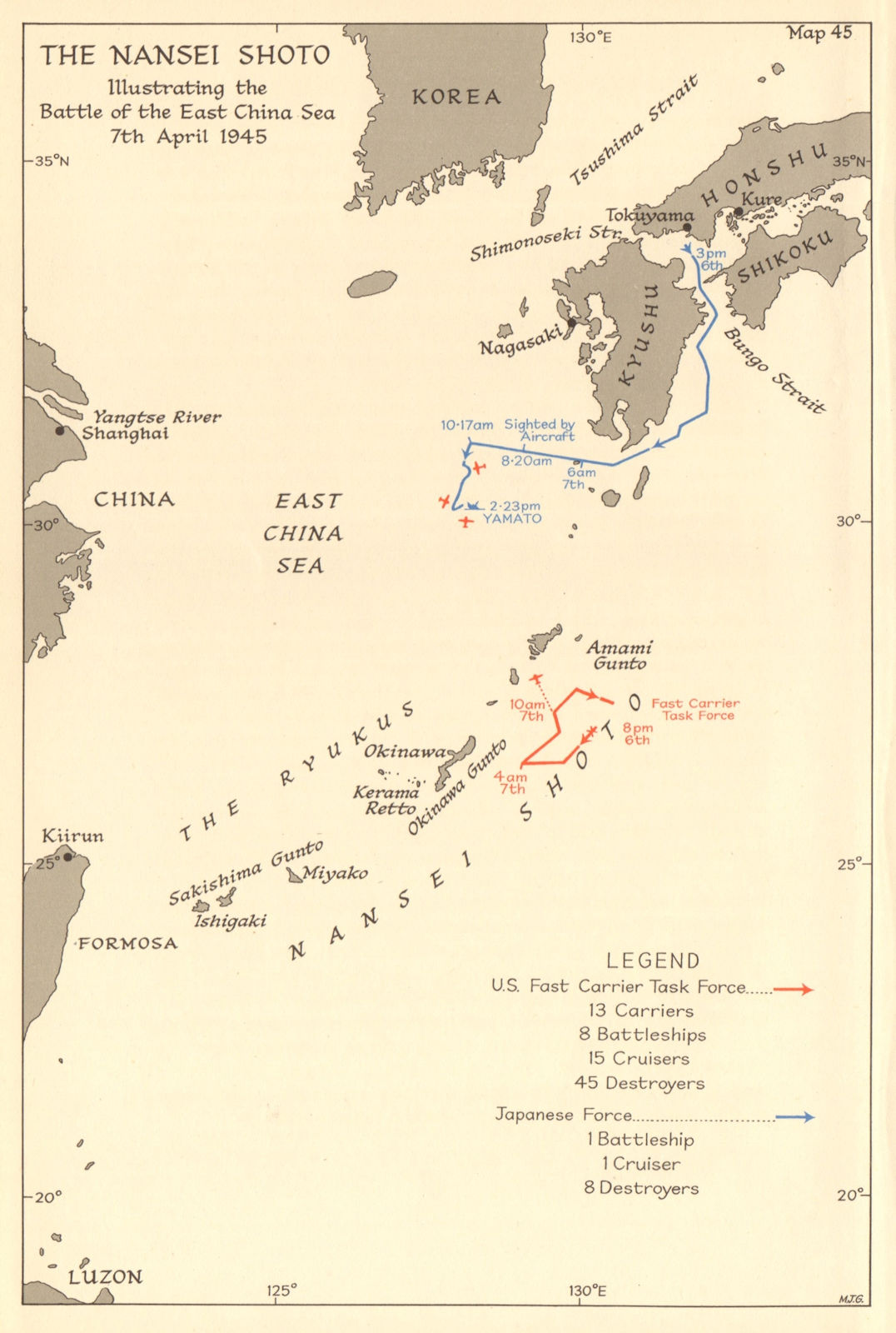 Yamato sinking. Battle of East China Sea 7 April 1945. Operation Ten-Go 1961 map