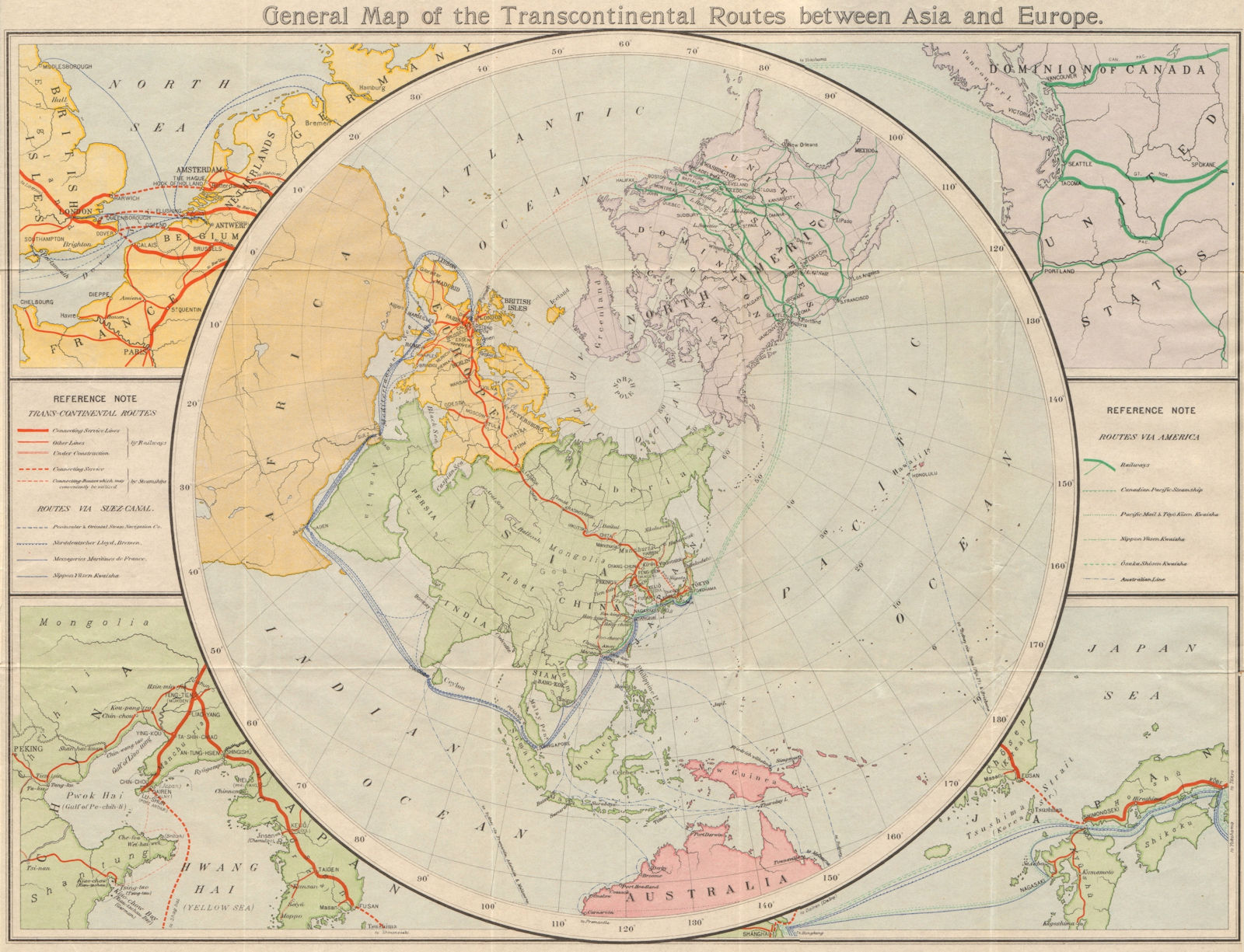 Associate Product Sea & rail routes between Asia & Europe. Trans-Siberian railway 1913 old map