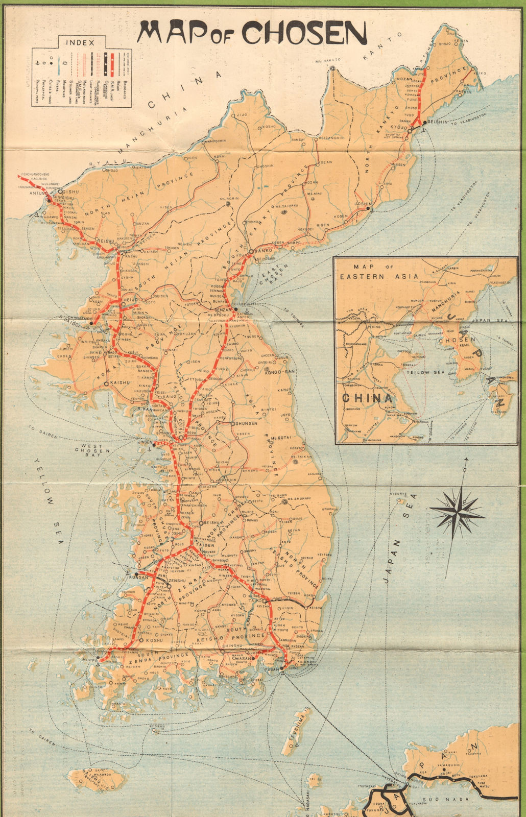 'Map of Chosen'. Railway and raod map of the Koream peninsula c1913 old