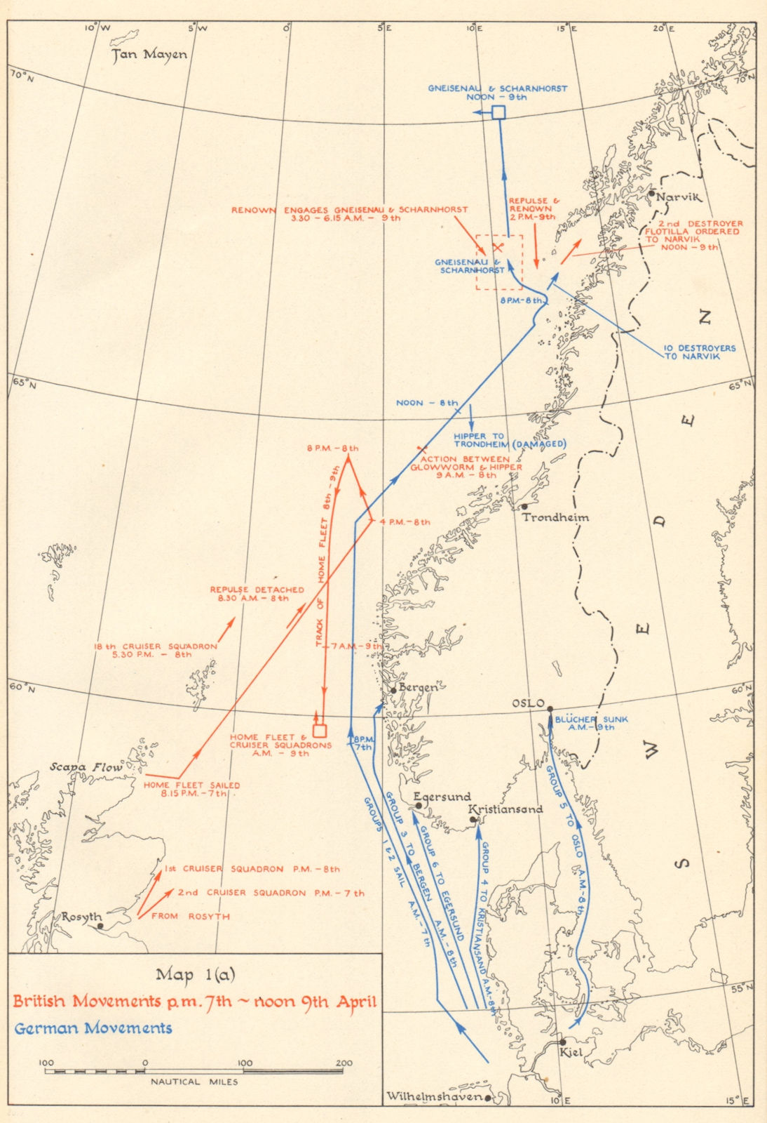 World War 2 Invasion of Norway. Naval Movements 7-9 April 1940 1952 old map