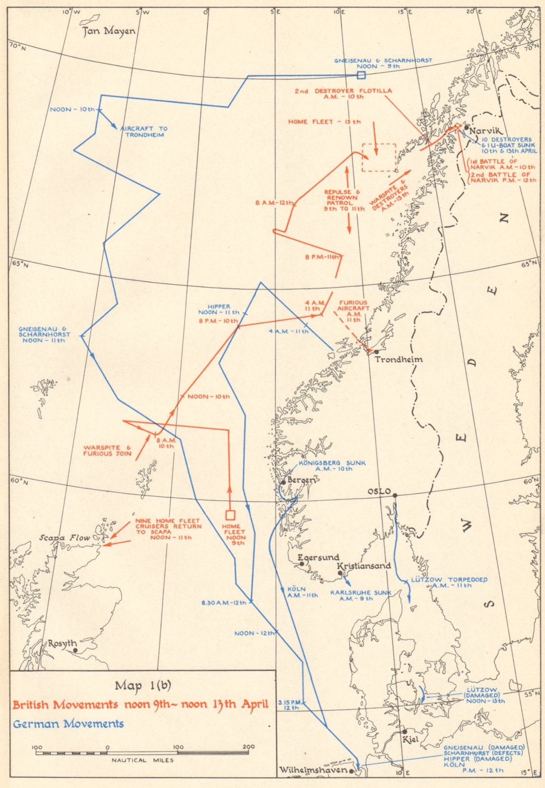 World War 2 Invasion of Norway. Naval Movements 9-13 April 1940 1952 old map