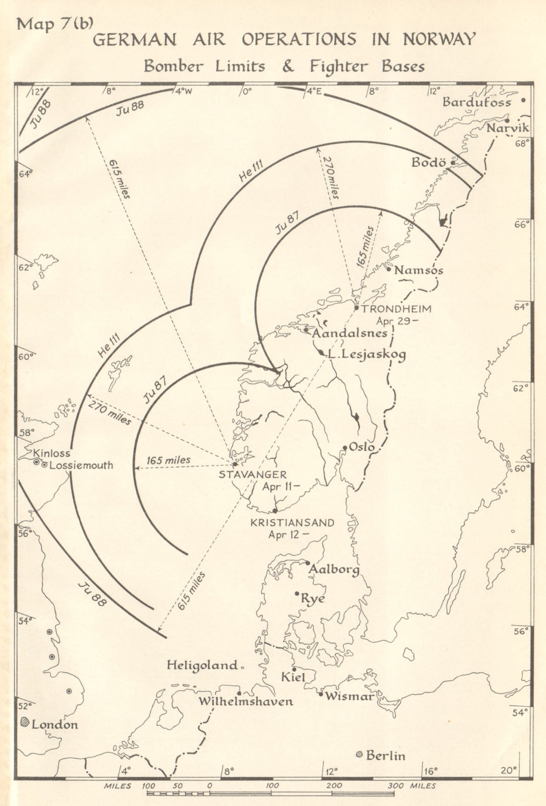 Associate Product Norway -  German Air Operations 1940. Bomber Limits Fighter Bases. WW2 1952 map