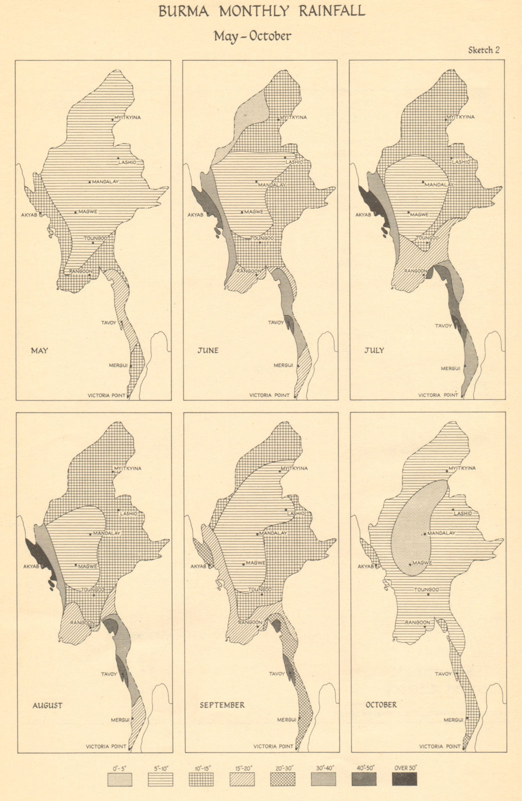 Burma Monthly Rainfall, May-October. Monsoon. Myanmar 1961 old vintage map