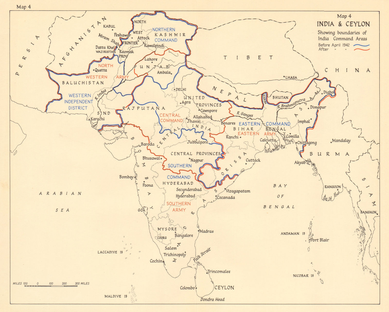 India & Ceylon boundaries of Command Areas 1942. World War 2 1961 old map