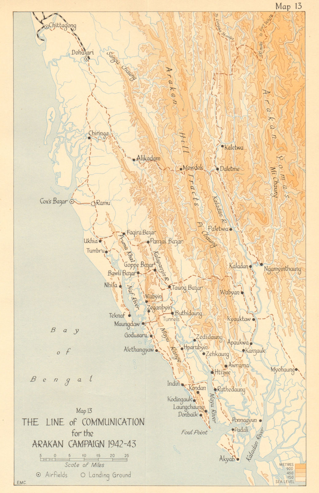 Arakan Campaign communications 1942-43. Burma Campaign WW2 1961 old map