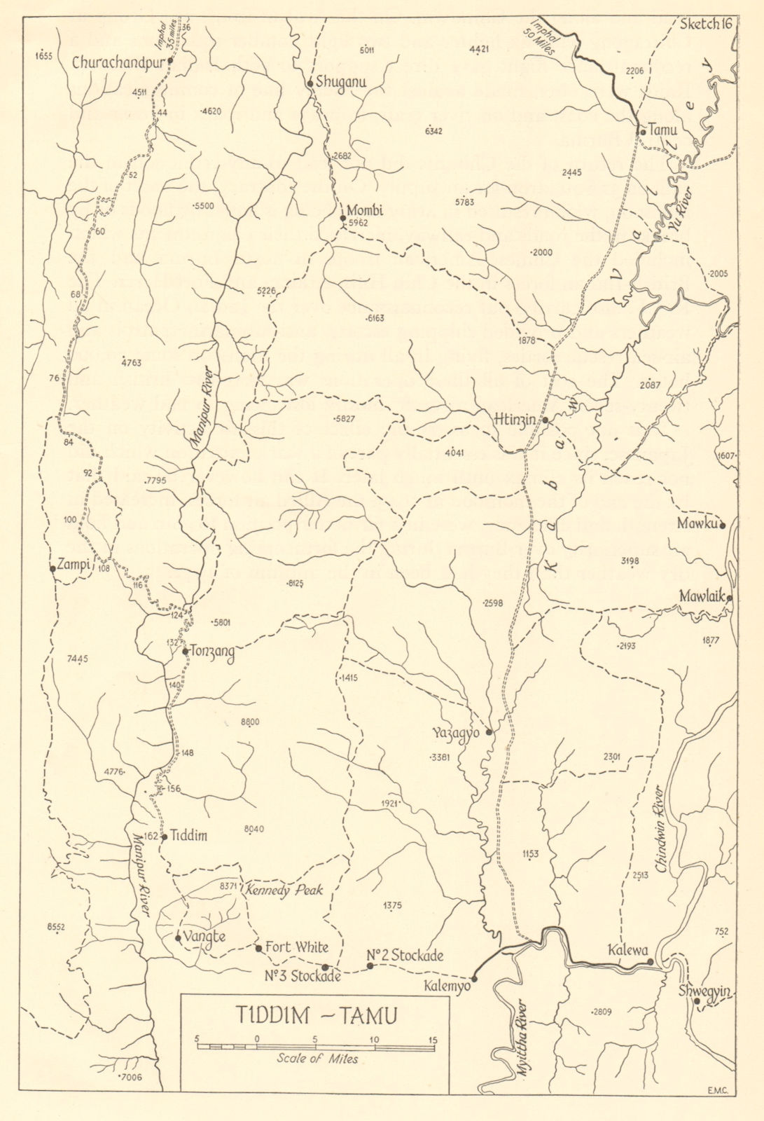 Tedim/Tiddim-Tamu 1943. Japanese conquest of Burma. World War 2 1961 old map
