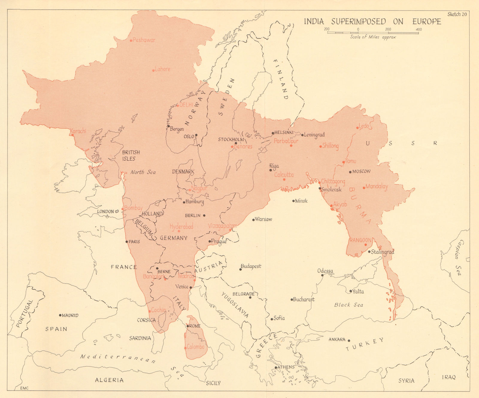 India superimposed on Europe 1961 old vintage map plan chart