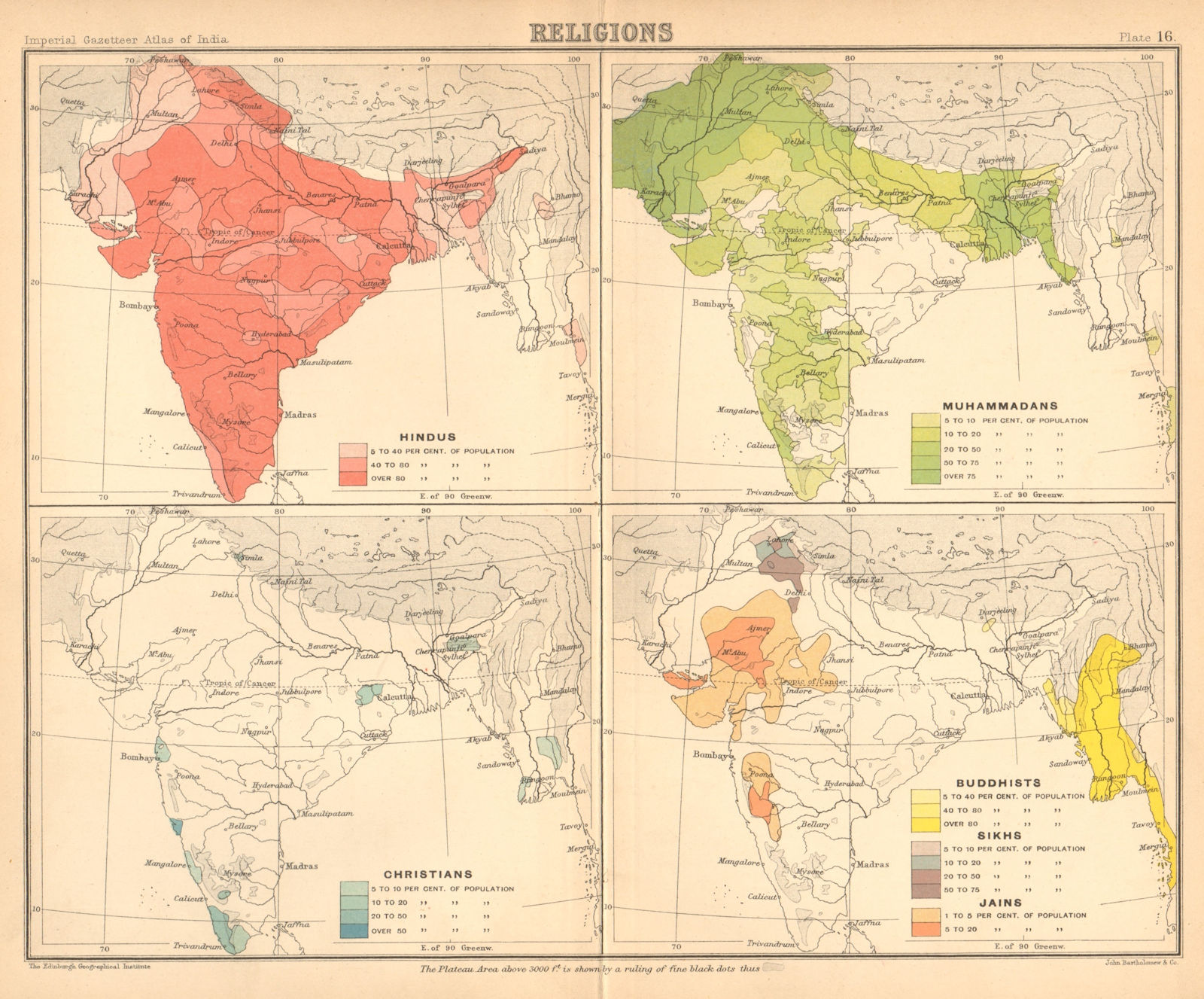 BRITISH INDIA RELIGIONS. Hindu Muslim Christian Buddhist Sikh Jain 1909 map