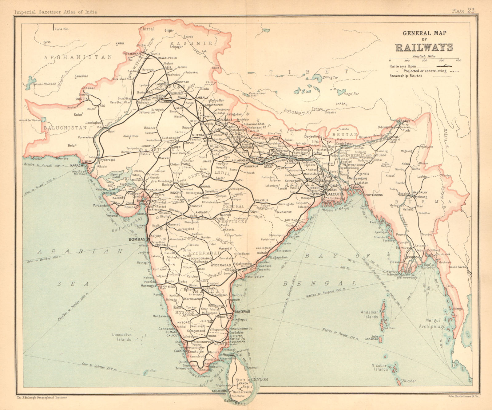 BRITISH INDIA. General Map of Railways. Burma Pakistan 1909 old antique